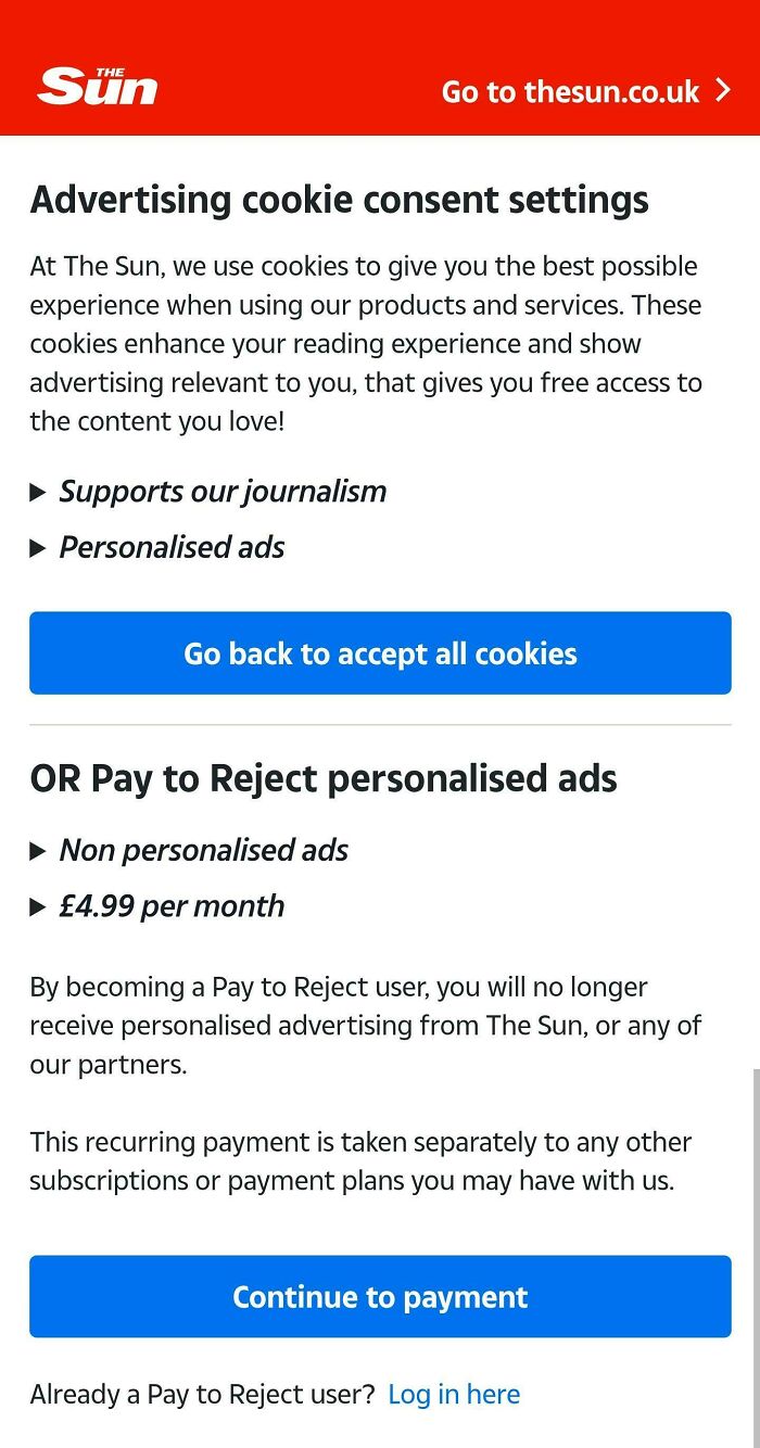 Cookie consent options from The Sun, illustrating deceptive marketing techniques with pay-to-reject ad personalization.