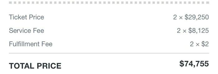 Invoice breakdown showing ticket, service, and fulfillment fees; highlights deceptive marketing techniques. Total: $74,755.