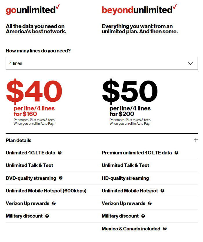 Comparison of two phone plans highlighting features that might use deceptive-marketing-techniques.