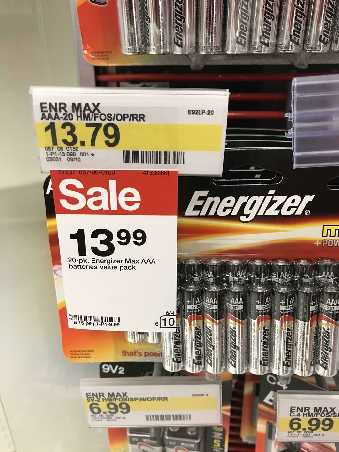 Sale sign displaying deceptive-marketing-techniques with confusing pricing for Energizer Max AAA batteries.