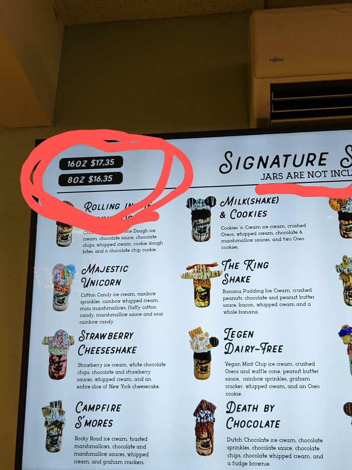 Menu with circled confusing prices, illustrating deceptive-marketing-techniques in ice cream pricing.