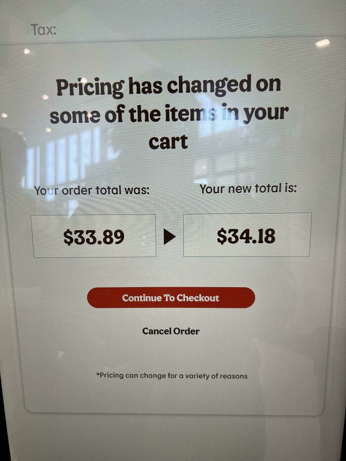 Cart total increase screen using deceptive marketing techniques. Original price: $33.89, new price: $34.18.