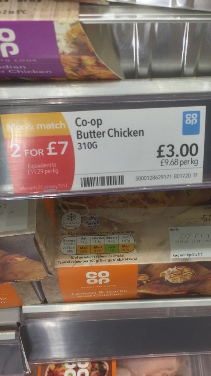 Co-op butter chicken packaging with misleading price labels, showcasing deceptive marketing techniques.