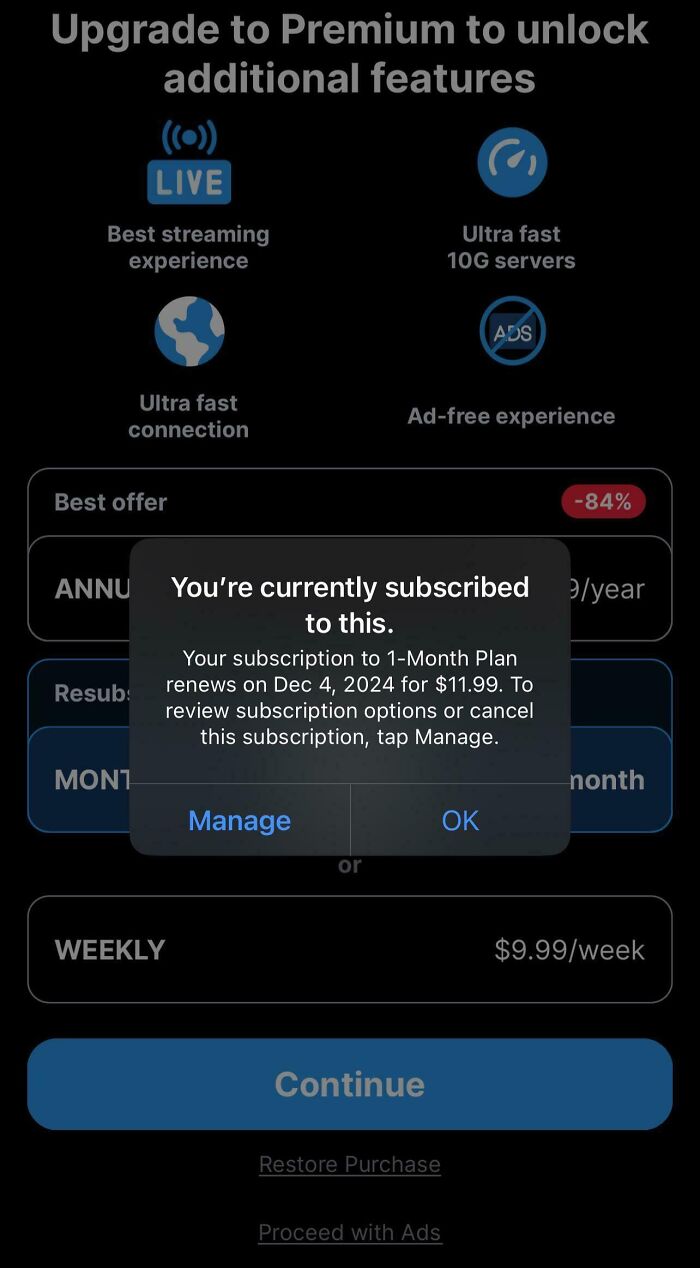 Popup notification displaying subscription details, exemplifying deceptive marketing techniques in app design.