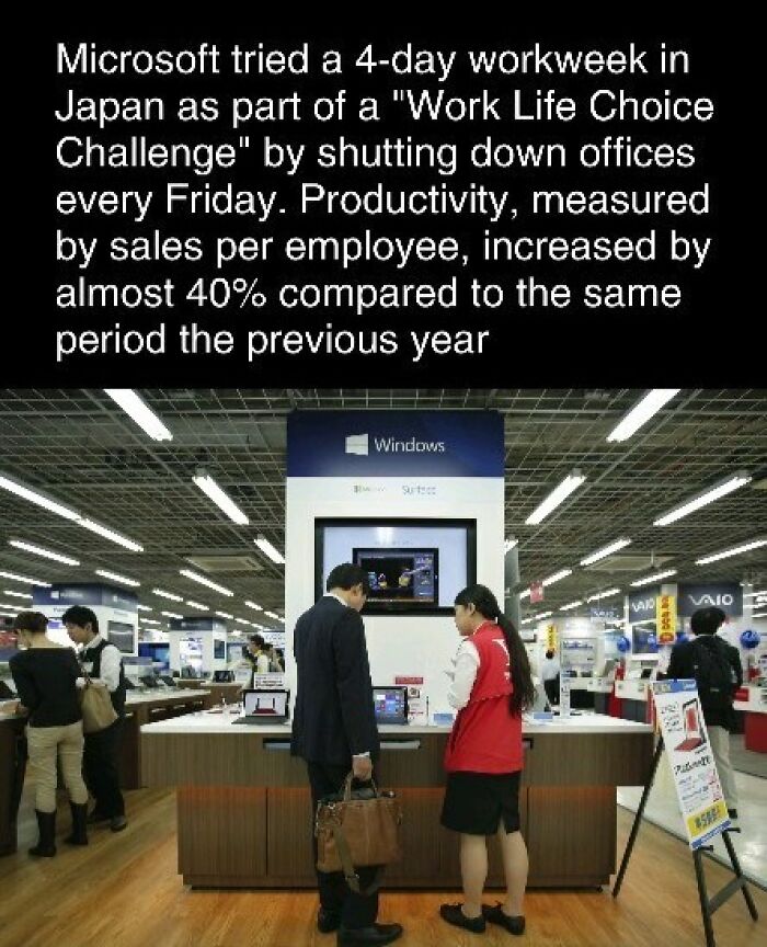 People discussing technology at a Microsoft store display in Japan, highlighting productivity facts.