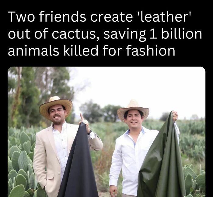 Two men in a field holding cactus-based vegan leather, showcasing a sustainable fashion innovation.