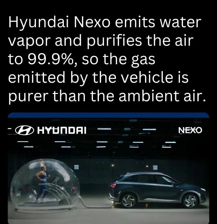 Hyundai Nexo emits clean air, purifying 99.9%, with gas purer than ambient air, showcasing interesting facts about eco-tech.