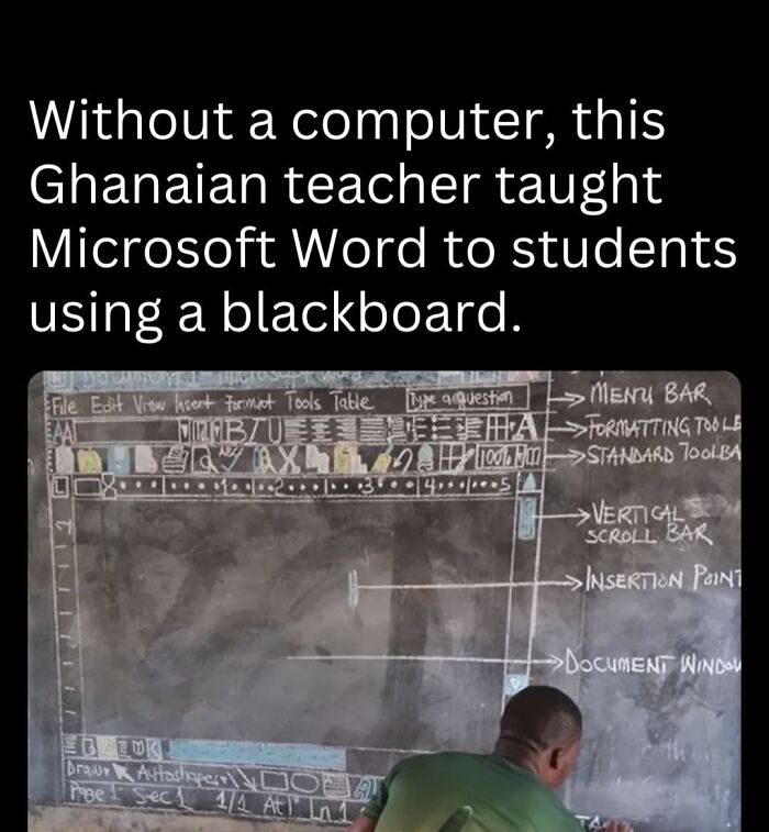 Ghanaian teacher illustrates Microsoft Word on a blackboard, showcasing an interesting fact outside holiday season stress.