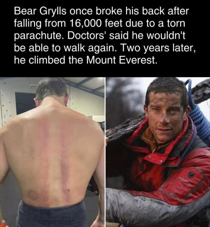 Man showing back injury and mountain climber in red jacket, illustrating interesting facts and curiosities.