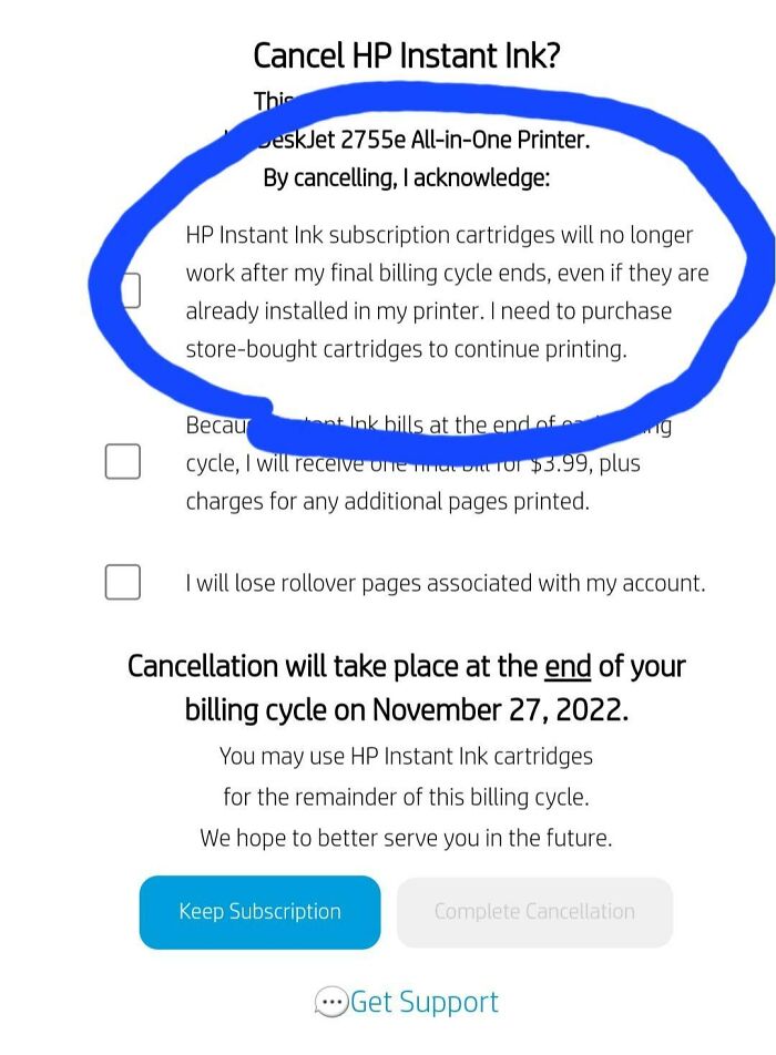 Warning message about ink cartridge restrictions linked to deceptive marketing techniques, highlighted in blue.