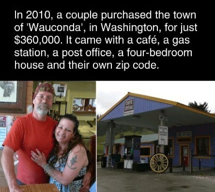 Couple who bought Wauconda, Washington in 2010, standing in front of their café and gas station.