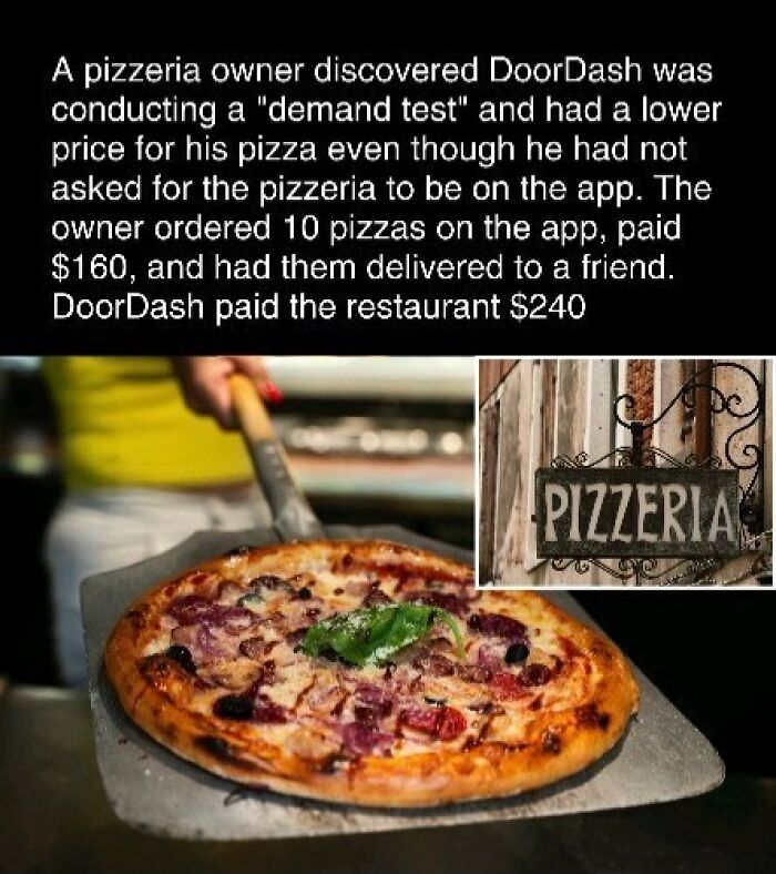 Pizza being served at a pizzeria with a vintage sign; a quirky story reveals DoorDash pricing discrepancy.