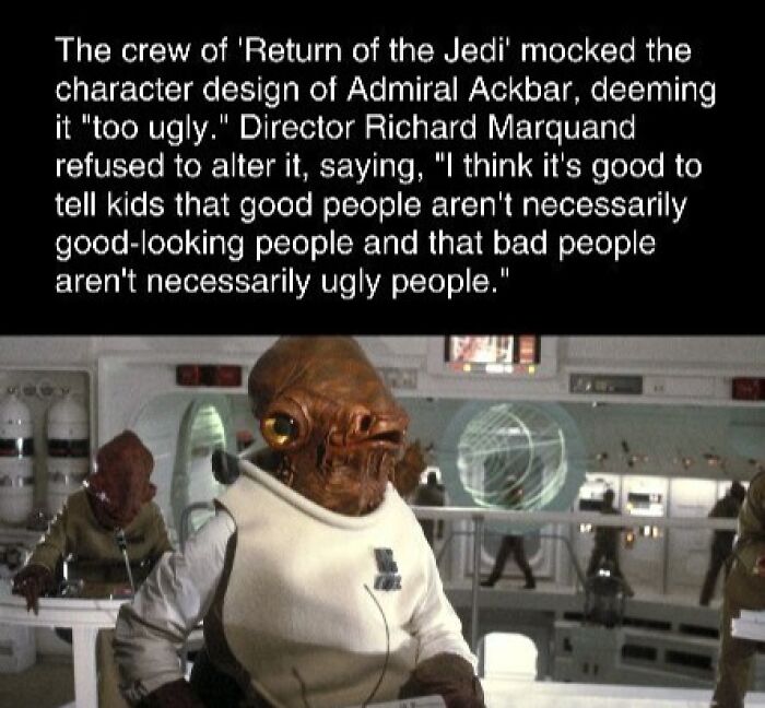 Admiral Ackbar scene from Return of the Jedi, highlighting film curiosities and character design discussions.