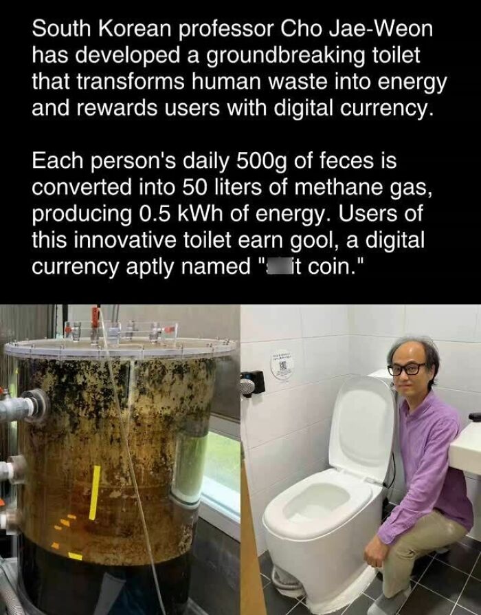 Innovative toilet transforms waste to energy and digital currency, showcased by Korean professor beside a toilet unit.