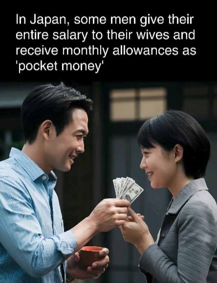 Japanese couple exchanging money, illustrating a cultural curiosity where men give salaries to their wives.