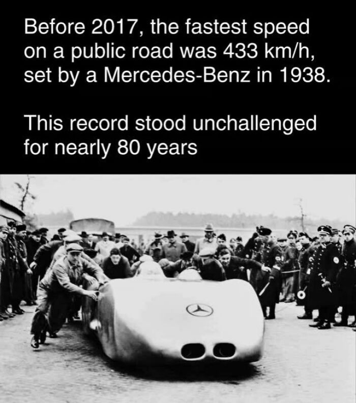 Historic Mercedes-Benz breaking speed record on public road in 1938, held unchallenged for nearly 80 years.