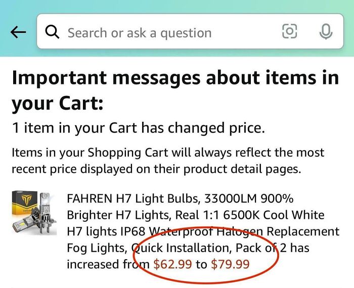 Cart price increase notification for light bulbs, showcasing deceptive-marketing-techniques with a circled price change.