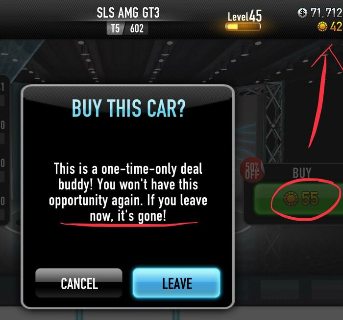 In-game screen using deceptive marketing techniques with a limited-time car offer and urgency message.