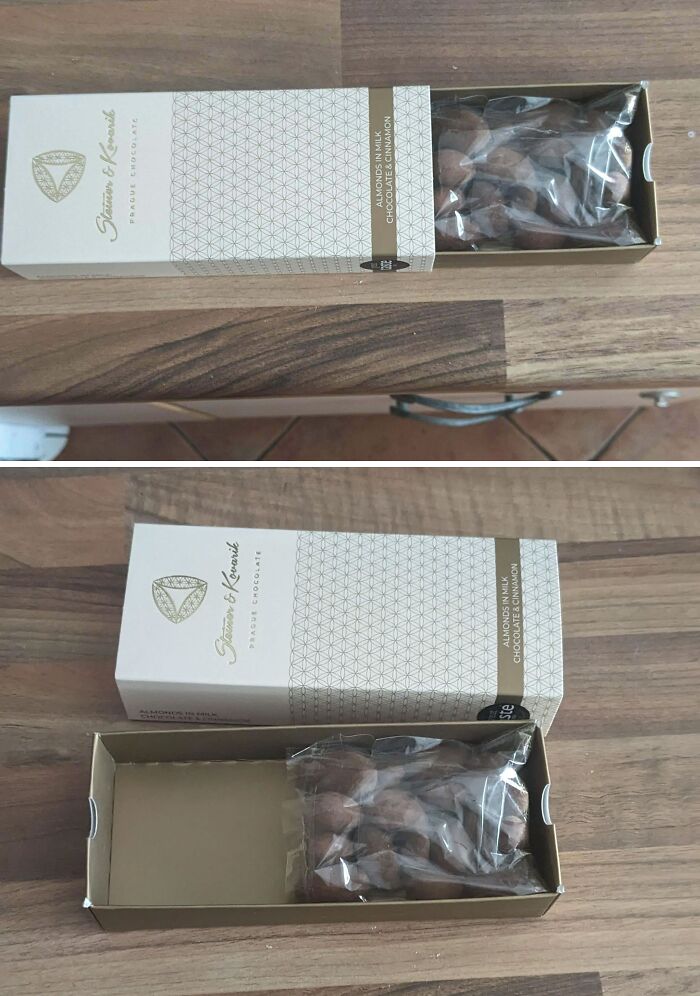 Box of chocolates with misleading packaging design showing minimal content.