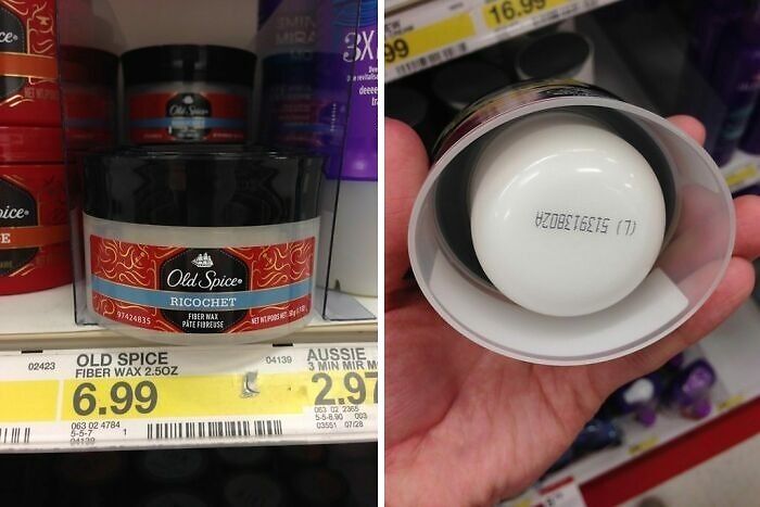 Misleading packaging example: large Old Spice container with smaller inner product visible.