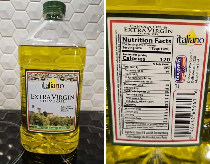 Bottle labeled "Extra Virgin Olive Oil" but contains canola oil, illustrating misleading packaging design.