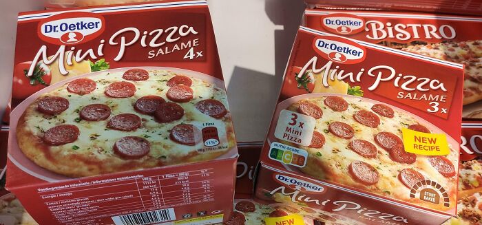 Misleading packaging design with Dr. Oetker mini pizza showing different quantities on boxes.