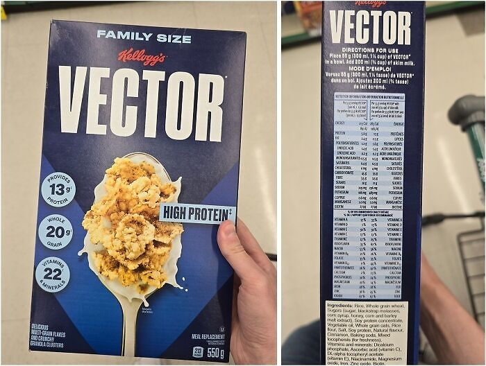 Kellogg's Vector cereal box misleading packaging with bold high protein claims.