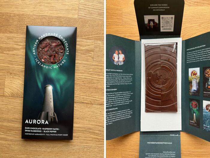 Aurora chocolate bar with packaging showcasing enticing design but revealing plain chocolate inside, exemplifying misleading packaging.