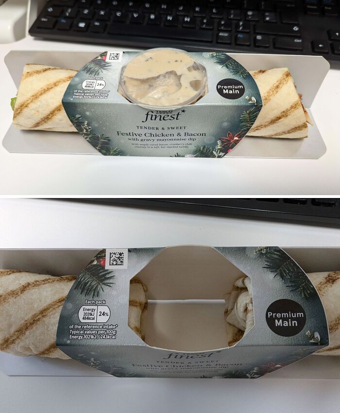 Misleading packaging design with wrap and gravy dip container creating a deceptive impression of contents.