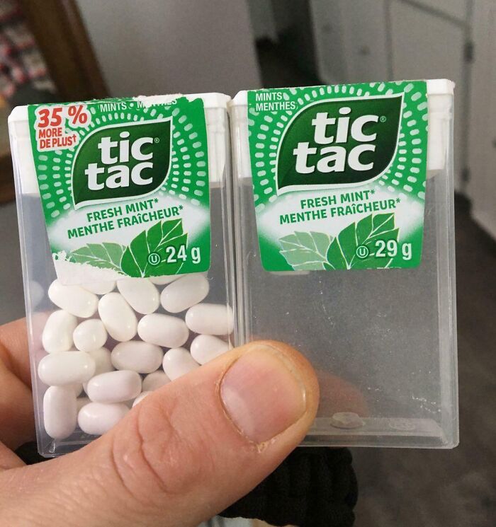 Comparison of Tic Tac packaging highlighting misleading design with differing weight labels.