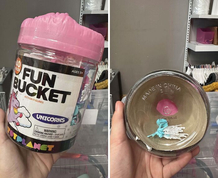 Misleading packaging showing a large fun bucket of unicorn toys with only a few figures actually inside.