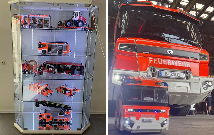 Display case of toy fire trucks and a large fire truck, highlighting good-funny-bosses with a playful approach to emergency vehicles.