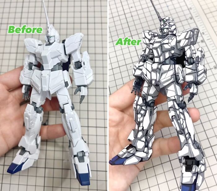 Gundam action figure before and after painting upgrade by an artist, showcasing enhanced details and colors.