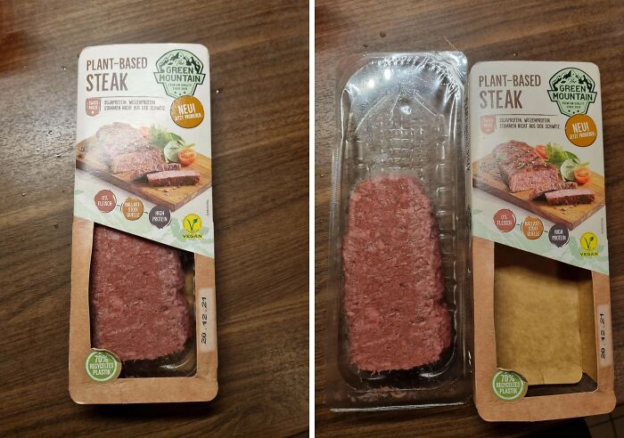 Misleading packaging with a small plant-based steak inside oversized box.