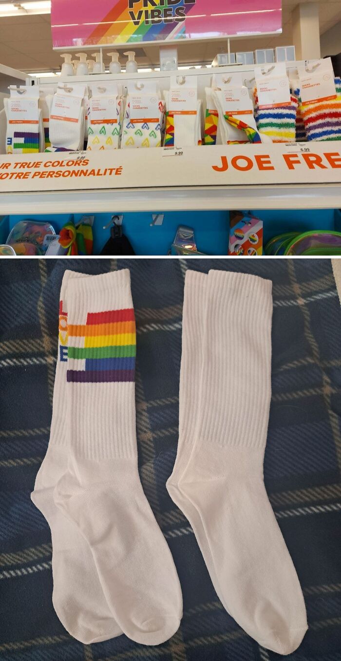 Misleading packaging design showing white socks with rainbow packaging.