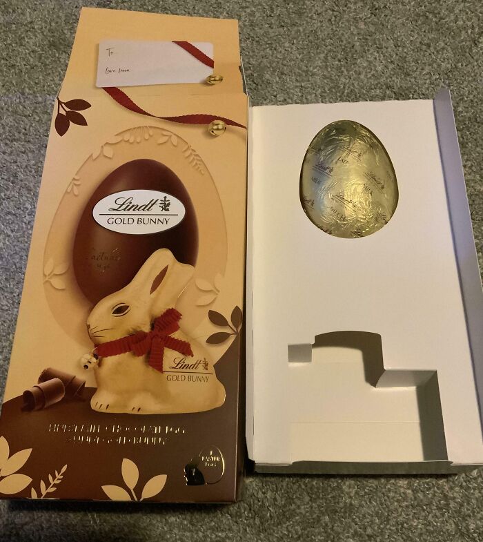 Chocolate bunny packaging with smaller egg inside, illustrating misleading packaging design.