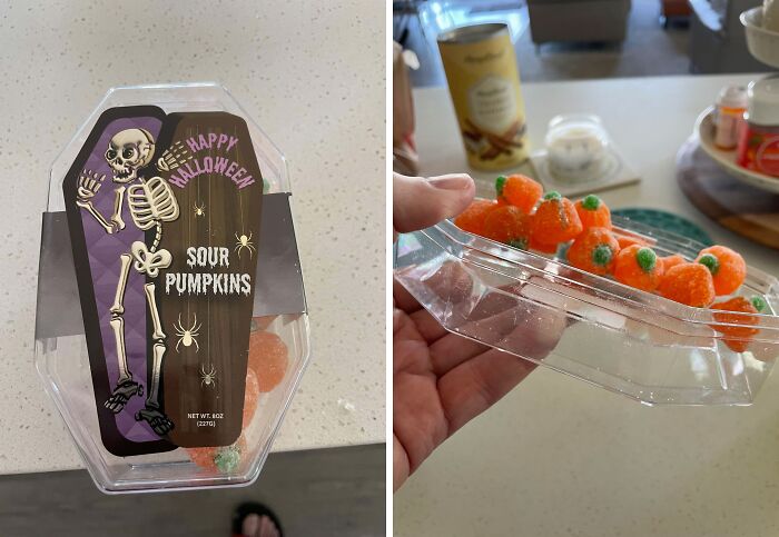 Misleading packaging design of Halloween sour pumpkins in a skeleton-themed box, half-empty when opened.