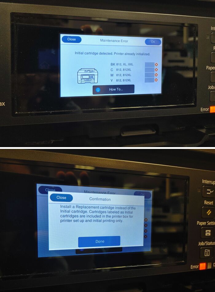 Printer screen shows cartridge error, exemplifying deceptive-marketing-techniques in printer ink replacements.