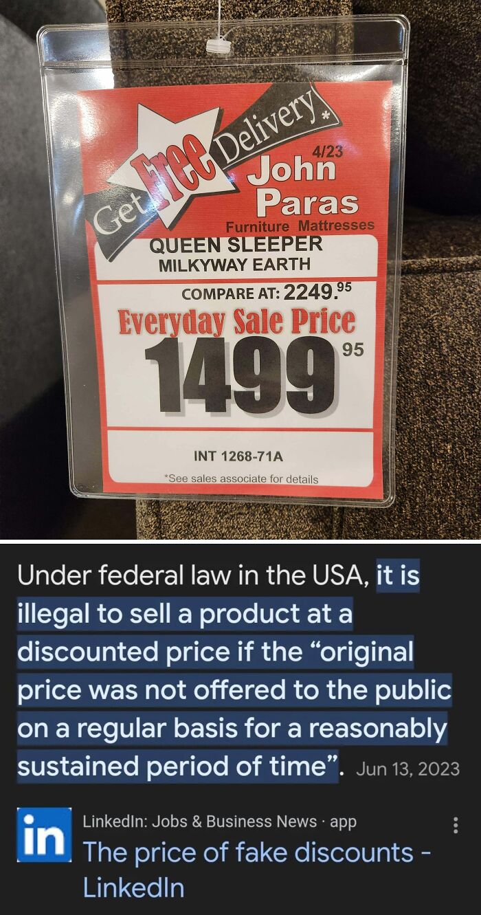 Furniture sale tag displaying deceptive marketing techniques with inflated price comparison.