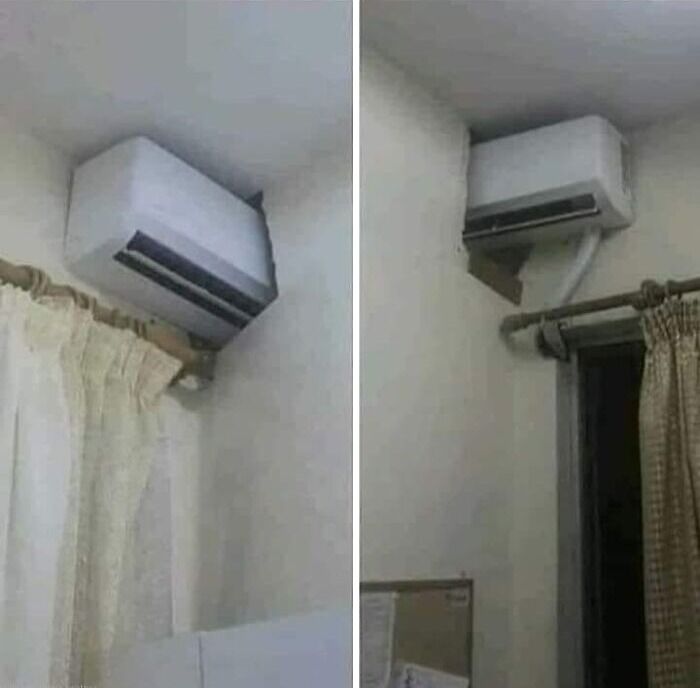 Air conditioner installed through a wall corner, an example of funny cheap construction fails.