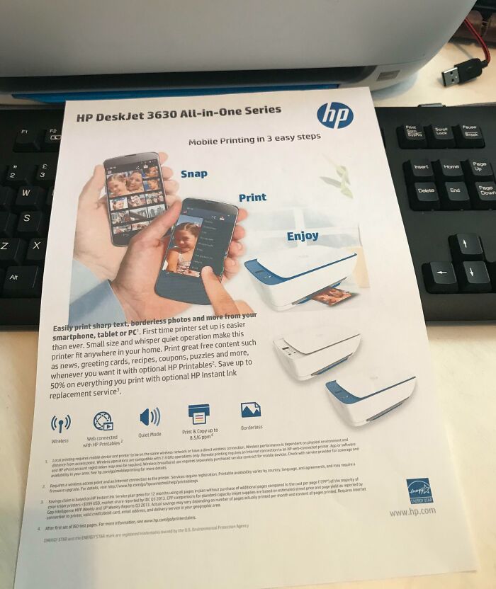 Brochure showing HP DeskJet 3630 with deceptive-marketing-techniques, highlighting "Snap, Print, Enjoy" features.