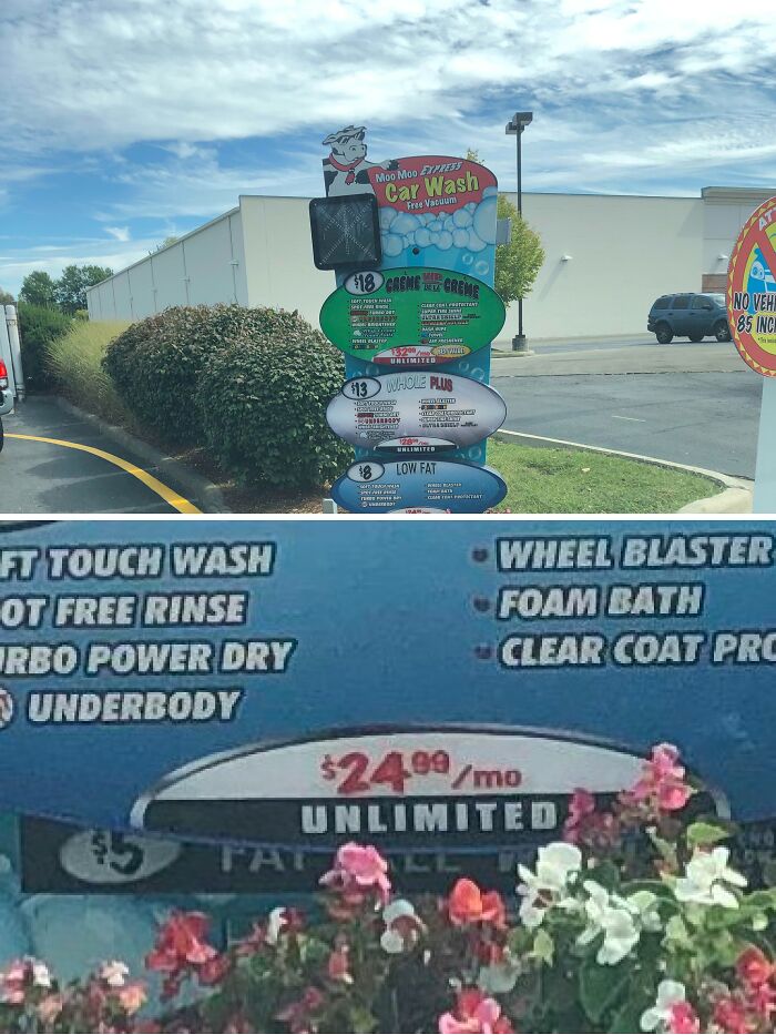 Car wash sign showing pricing options, highlighting deceptive marketing techniques with unlimited wash offer.