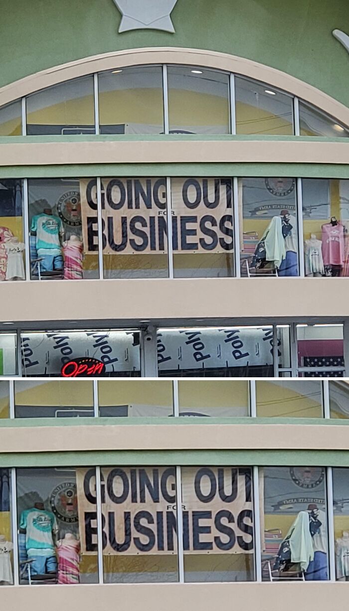 Storefront with “Going Out for Business” sign and mannequins, reflecting deceptive-marketing-techniques.