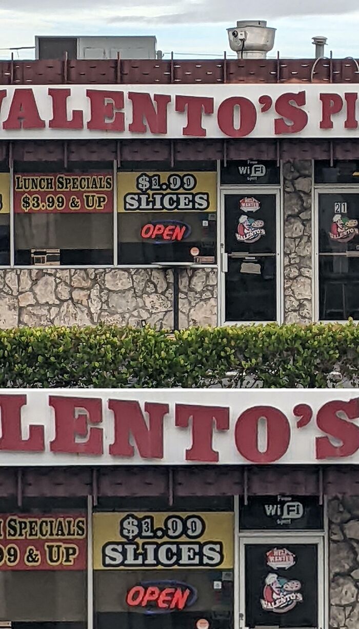 Pizza restaurant facade with signs advertising $1.00 slices and lunch specials, embodying deceptive marketing techniques.