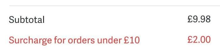 Subtotal showing deceptive surcharge for orders under £10, illustrating deceptive marketing techniques.