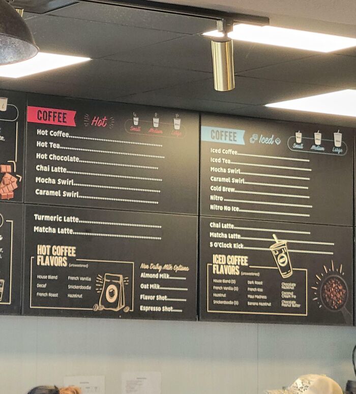 Coffee shop menu showcasing hot and iced drinks, potentially highlighting deceptive-marketing-techniques.