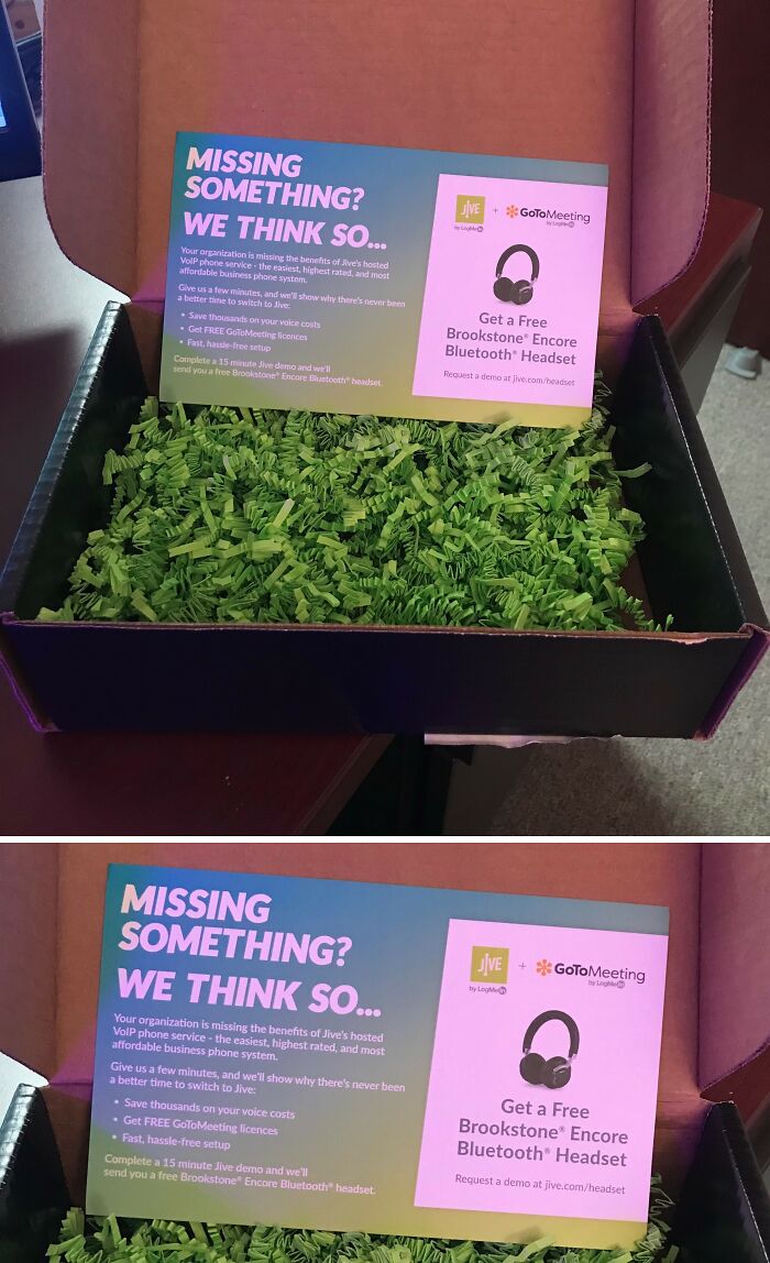 Box with green filler and a card promoting a free headset, illustrating deceptive marketing techniques.