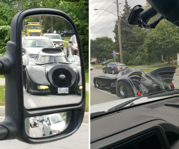 Unique Batmobile-style car on the road, seen through side and rear views.