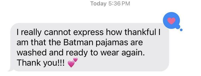 Text message expressing gratitude and humor about Batman pajamas, conveying a good-funny-bosses vibe.