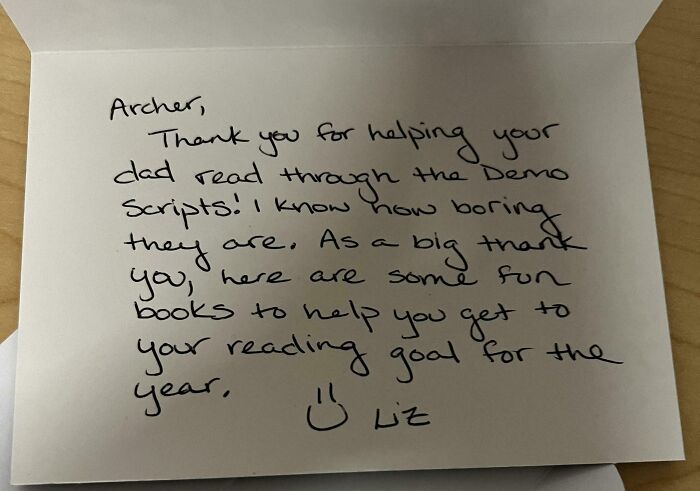 Handwritten thank-you note from a boss expressing gratitude with humor.